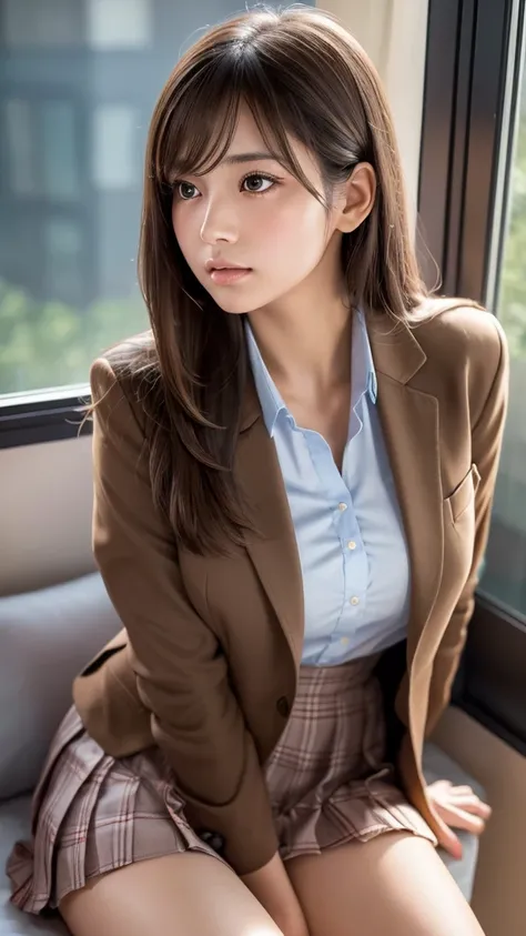 a beautiful young japanese girl with long glossy brown hair in a slightly asymmetrical bang style, floating hair in a nova frog style, wearing a school uniform with a checkered pleated micro mini skirt, blazer, and a slightly nervous expression, looking ou...