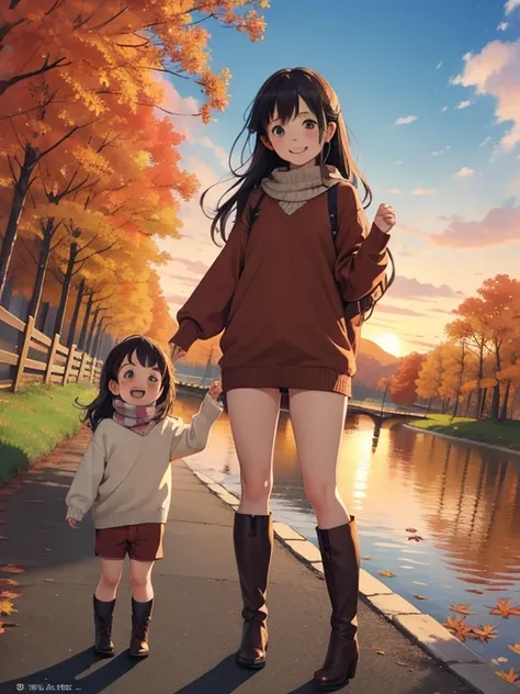 ( super flat ， flat shading ， flat color), (close),  Fisheye Lens ，cute chubby mother and cute daughter， short stature ， flat chest， Thin Thighs ， warm oversized sweater ， muffler  ，Long Hair,  boots, smile, smile，fun，play，autumn，autumnのきれいな紅葉, At dusk，Bea...