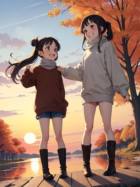 ( super flat ， flat shading ， flat color), (close),  Fisheye Lens ，cute chubby mother and cute daughter， short stature ， flat chest， Thin Thighs ， warm oversized sweater ， muffler  ，Long Hair,  boots, smile, smile，fun，play，autumn，autumnのきれいな紅葉, At dusk，Bea...