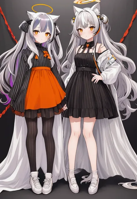 (masterpiece,  better quality),  1girl, cocoons,  long hair,  orange eyes ,  grey hair, bang,  multicolored hair , striped hair , animal ears, halo, black dress, Striped dress, vertical-Striped dress,  pelvic curtain , white skirt, black jacket,  long slee...