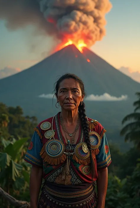 Ecuadorian woman from the Amazon with her badges on her back with a bursting volcano in the back 