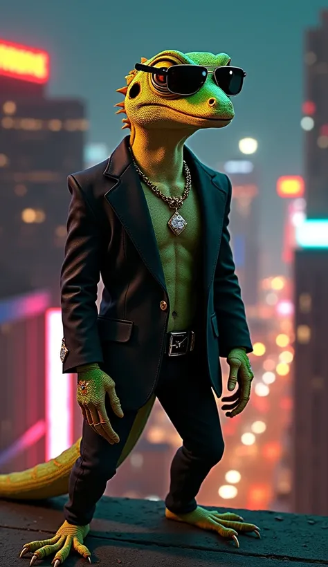 "A dynamic, hyper-realistic full-body image of a gecko dressed in gangster attire, standing confidently on a rooftop in a neon-lit city at night. The gecko’s textured skin features intricate patterns of bright green and tan, glistening in the glow of the c...