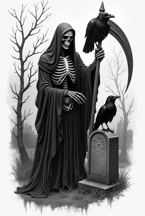 Create a black and white tattoo image with a death and a crow with a cemetery in the background to tattoo on the back of the head in a realistic style