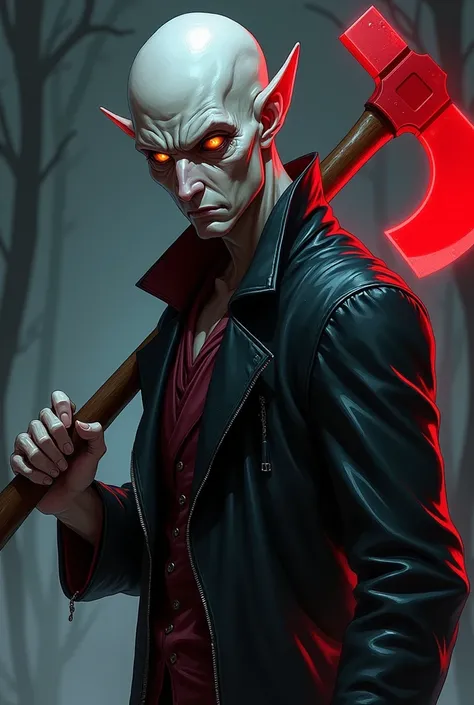 a elf, bald, with psychopathic eyes, wearing a black leather outfit, red details, the white part of his eyes is black, and his iris is orange, minimally muscular body, anime style, anime art, old, old elf, axe in his back , axe with a red details, axe with...