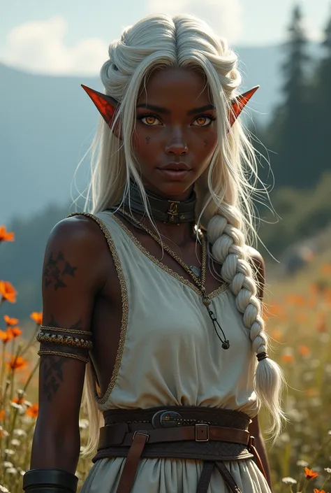 Young black-skinned Nordic woman, birthmarks on the arm and pointy ears, Amber eyes and braided white hair , The clothes are a balanced mix between a simple dress and light RPG-style armor