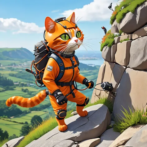  Realistic view of a cat wearing a spiky helmet ， Cat in Hiking Suit ， Rock Climbing Tool in Hand ， Side view of a cat quickly climbing to the top of a particularly steep cliff。 Alafide Cat with a helmet and belt , Anthropomorphic cat  , Anthropomorphic ca...