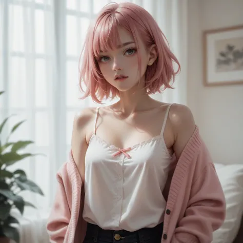 A Japanese woman . Pink hair, cardigan and camisole, a hand 