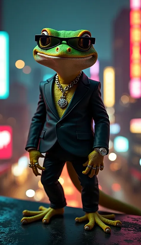 "A dynamic, hyper-realistic full-body image of a gecko dressed in gangster attire, standing confidently on a rooftop in a neon-lit city at night. The gecko’s textured skin features intricate patterns of bright green and tan, glistening in the glow of the c...