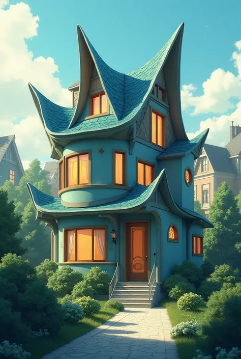 Create an image in the style of Makoto Shinkai A uniquely designed house with interesting architectural features, standing out among more conventional houses.