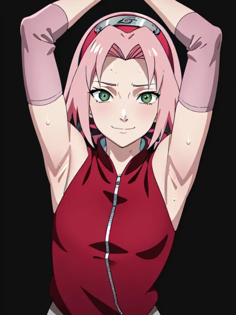 haruno sakura, pink hair, short hair, green eyes, small breasts, elbow pads, pink elbow pads, hairband, sleeveless, red shirt, t...