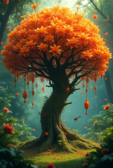 Tree, orange flower, tree full with flower, red ant, a lot of cocoon hanging on tree