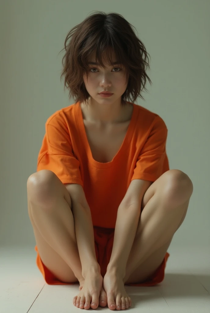 a realistic new zealand girl with short brown hair, wearing an orange prison top no pants and barefoot
