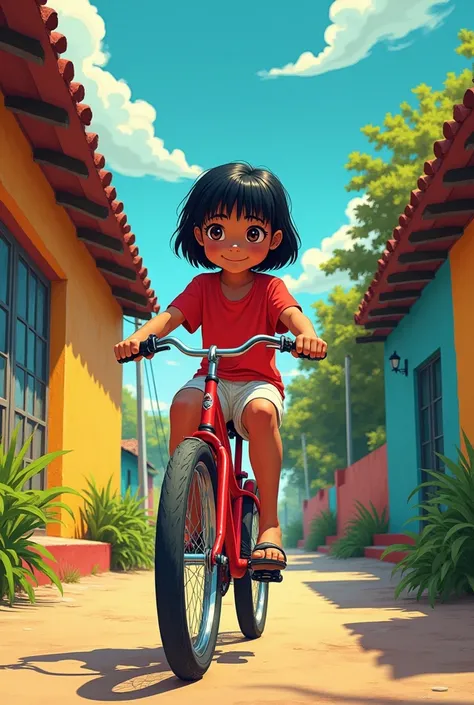 
Colored anime cartoon Brown-skinned boy 🟤 androgynous Indian wearing a red shirt with white shorts short straight shiny black hair with big bangs riding a red bike on the Escadão Favela Brasil. Anime vintage