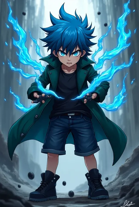  A young anime boy ,  hair shining blue , blue eyes, dark green coat, dark denim shorts ,  black shoes ,  spines shining blue on his back, Black lizard syrup , extreme anger 