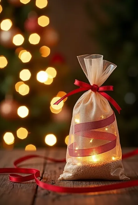  Create a symbolic New Years Eve image for Goldplas ,  as a setting with Christmas lights , a tree decorated with bags filled with transparent sand closed with a Christmas ribbon without the balls,  conveying the idea of celebration and union ,  with a pro...