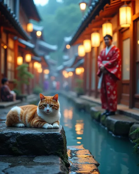  A serene Ikaho Onsen scene ,  A laid-back cat is lying on a stone step ,  Next to it is a storm soldier in a traditional yukata .  This scene should capture the essence of Japanese culture,Bright colors, Warm Lights, and a serene atmosphere ,  shows the b...