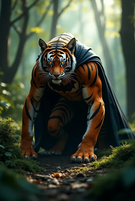 A striking hybrid creature combining the essence of Batman and a tiger, set in a dense, mystical forest. The hybrid features the muscular build and sharp claws of a tiger, with black-and-orange striped fur seamlessly integrated with a dark, bat-like cape a...