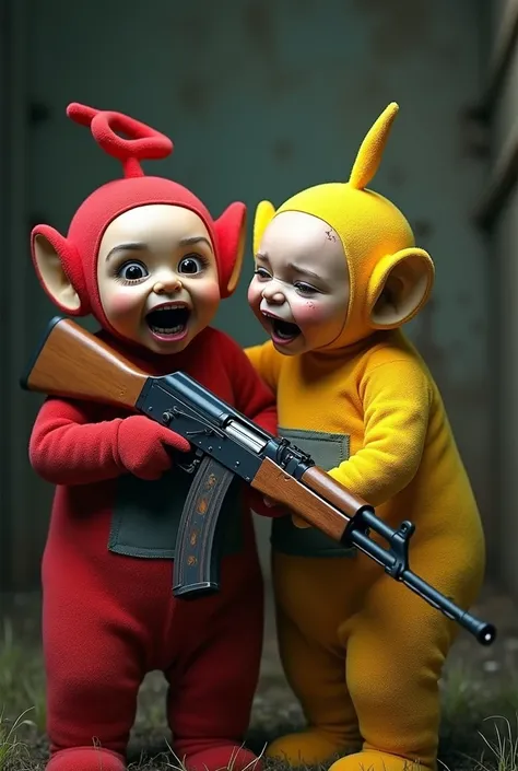 Red teletubbies ,  with an enraged face holding an AK47 with wooden details,  the drawing needs to be realistic and rich in detail