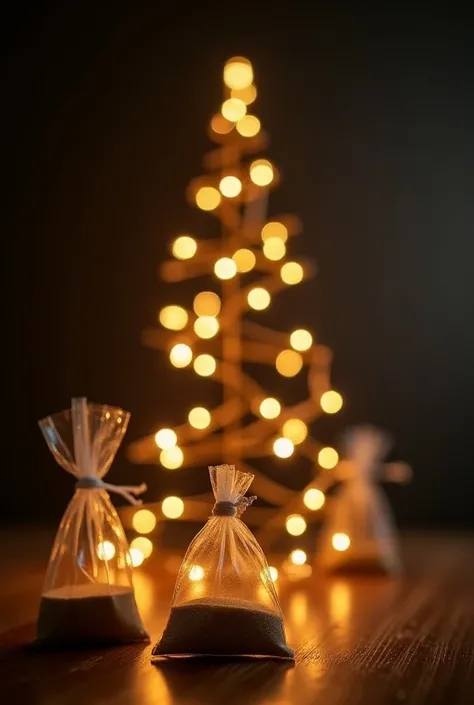  Create a symbolic New Years Eve image for Goldplas ,  as a setting with Christmas lights , a tree decorated with bags filled with transparent sand ,  conveying the idea of celebration and union ,  with a professional touch .