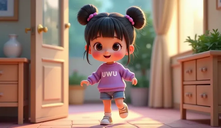 (masterpiece, best quality:1.2), a girl with name uwu wearing purple sweater with text "uwu", walking to the door of the house , living room atmosphere . (( image from the side )), membuka pintu rumahnya, tampak halaman rumah.