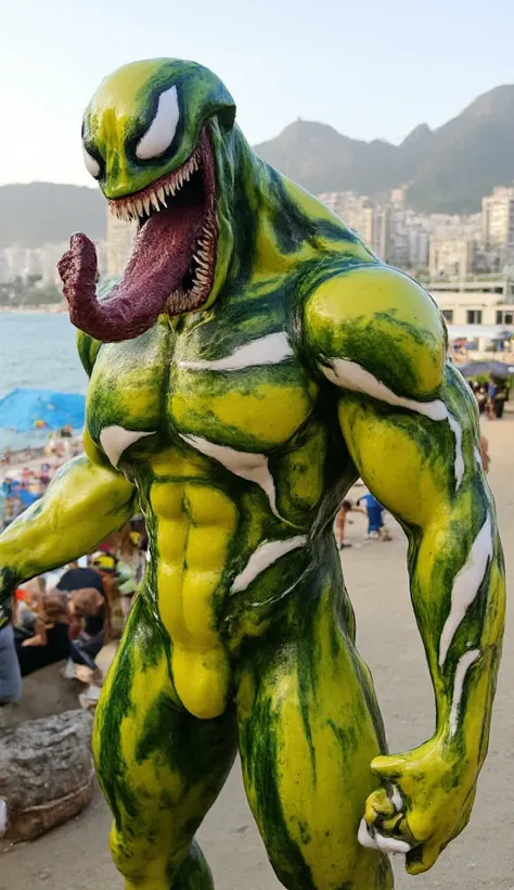 "A detailed and hyper-realistic version of Venom, with a unique color palette of yellow and green, and white stripes cutting across its body in a dynamic way. Venom is depicted in full body, with its imposing and visible musculature, and the texture of its...