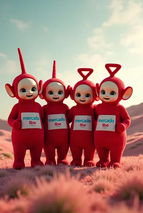 Red Teletubbies holding the Mercado Livre logo on their bellies