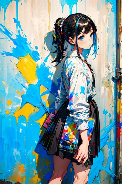 1girl,solo,cool,shirt and skirt,art student,she has a brush,she is painting the wall,big paint,paint the whole wall,colorful,dynamic,intense,wild,crazy,dirty,in Derelict building