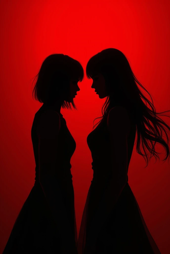  Make the shadow of two women ,  with a dark red background  (Blood color ),  one with medium hair and the other with long hair,  but only their black silhouette .  The hair of the longer short hair, more or less before the waist 
