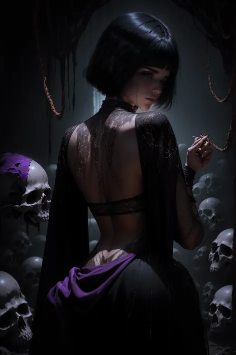 woman 30 years old, witchcraft, magician,magic clothes, where poison potions and vines abound, a woman (hutless), short black hair (black hair), (bangs), (purple eyes), looks at you amidst a pile of bones and skulls. Indifferent look , merciless. among the...