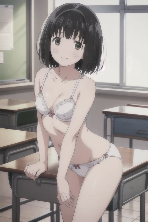 Alone,  1 girl,  Viewers, 2D, Anime, Anime coloring,  black hair,whole body,Small breasts、 (classroom:1.3), Kogma, Cute white bra、Cute white panties、blush,smile