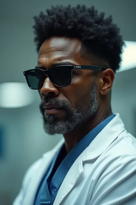  Create an image with these characteristics : man, Medical examiner , afro americano, 46 years old, social haircut,  little gray goatee and sunglasses. Tired facial expressions with a tight bottom 