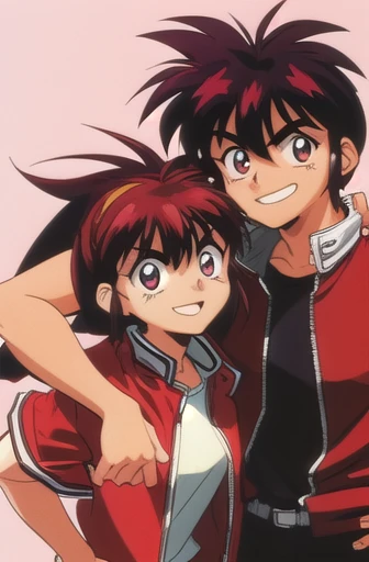 Do my oc  (man) The (1990s (style)  wearing a red jacket and black shirt, black and red hair , smile, But with his sister