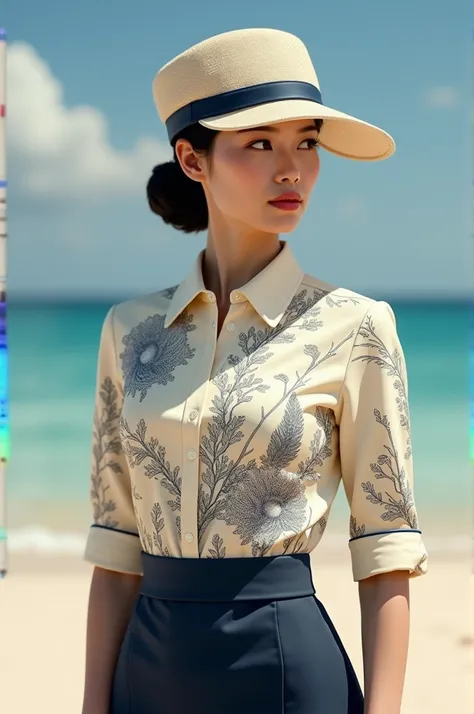 Womens uniform for a seafood restaurant with a sporty almond blouse design and derived from port clothing using sea and ocean creatures in the clothing design.
He should be wearing a uniform, formal, modern fashion, the color of the ocean, an island, and a...