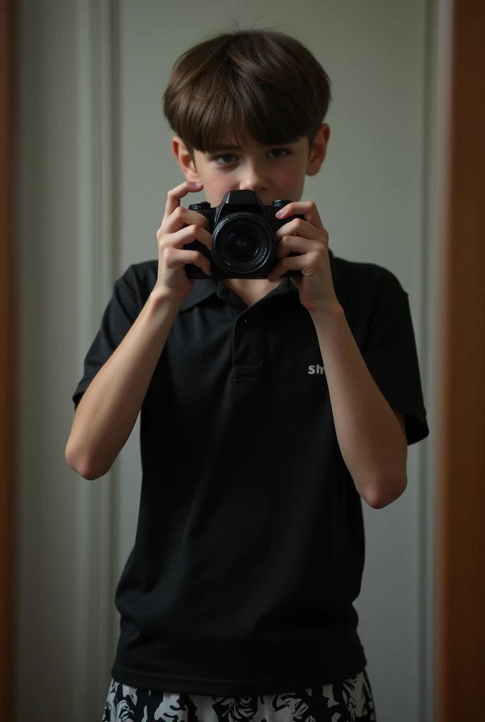  Create a 14-year-old boy , white skin,  a black polo shirt and black white tennis pants.  The photo wouldnt show his face ,  only her pink lips
He is standing in front of a mirror , Her face is not shown , Holds a digital camera 