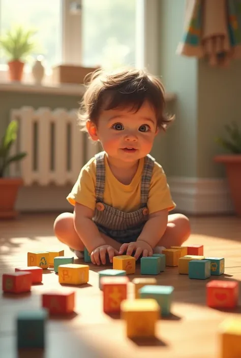 Image of a toddler using blocks of the alphabet to form a word