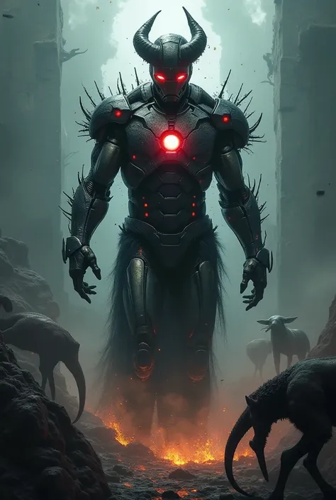 Create an illusionary image of Iron Man devil in black theme red-eyes. Working on digital Computer, standing in Air and other creature animals are around him, very dramatic illusion, horror and thrilled.”