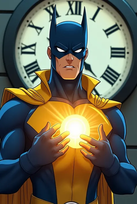 Make me a super hero male styler who is not too scary but who is badass and stylish with a blue mask
And a yellow and blue suit and we only show you with these hands that he controls the time a little bit of animate that we see from a little close with a b...