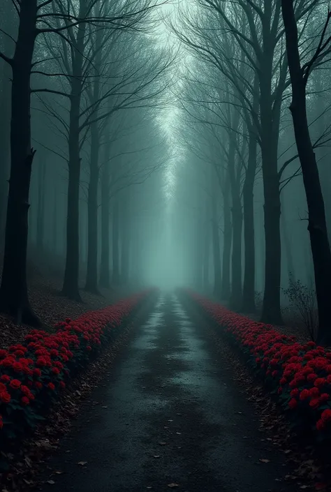  Make the forest with the open path in the middle with black and red roses on the side,  with an air of suspense and a half dark .  But this time place the phrase  "The Art of Revenge " in the middle,  like a book cover should be 
