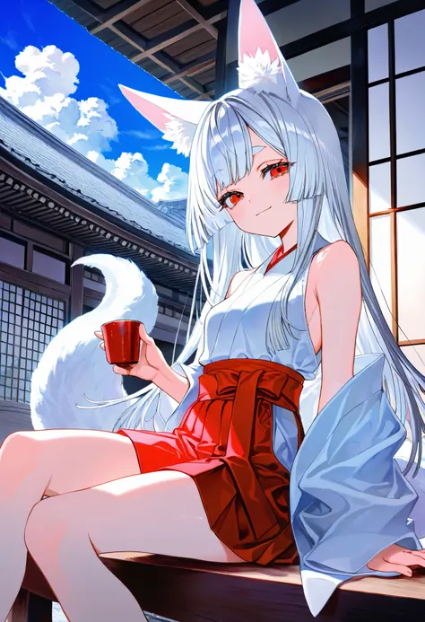 1girl, original,
(yoneyama mai:0.4), (mika pikazo:0.4), (rei (sanbonzakura):0.4), (quasarcake:0.4),
animal ear fluff, animal ears, architecture, bare shoulders, red hakama, blue sky, breasts, cloud, cloudy sky, cup, drink, east asian architecture, fox ears...