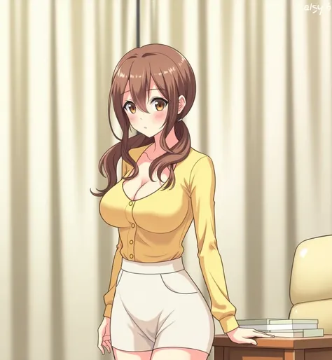 Beautiful mature adult girl with long brown hair tied with a ponytail light brown eyes with big breasts wearing a sexy yellow shirt with long sleeves and a sexy white skirt short the bottom of a living room.(anime style).