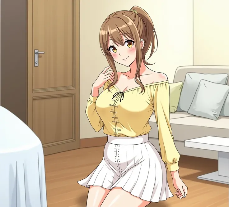 Beautiful mature adult girl with long brown hair tied with a ponytail light brown eyes with big breasts wearing a sexy yellow shirt with long sleeves and a sexy white skirt short the bottom of a living room.(anime style).