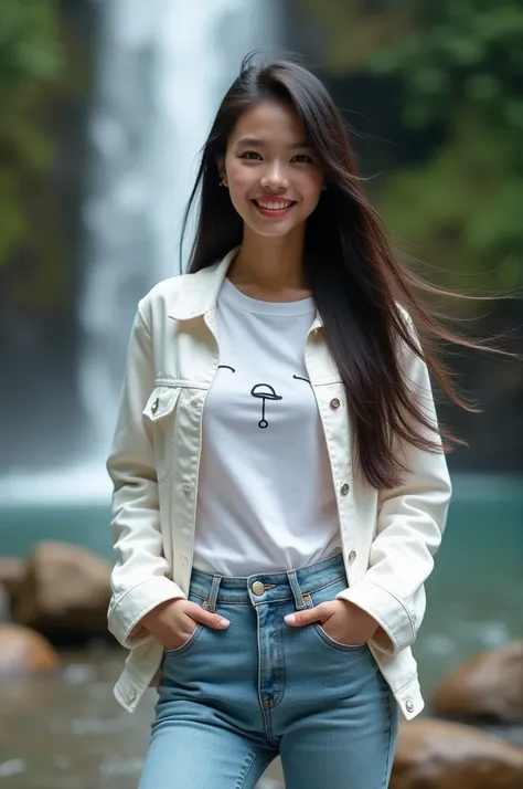 Beautiful Indonesian woman twenty years old with good looks wearing white jacket girl face t-shirt ,  long jeans blue color standing on river waterfall and boulders long straight hair blown from the front while smiling sweetly realistic picture full hd hig...