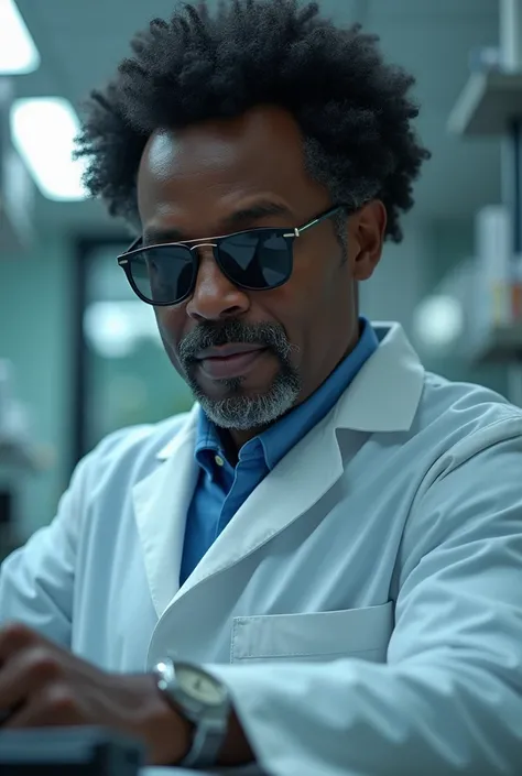  Create an image with these characteristics : man, Medical examiner , afro americano, 46 years old, social haircut,  little gray goatee and sunglasses. 