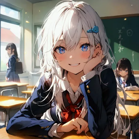 cute girl, long white silver hair, big round blue eyes, school Japanese uniform, sweet smile, sit on desk, background classroom, Hair Between Eyes, Hair Clip, Bloom