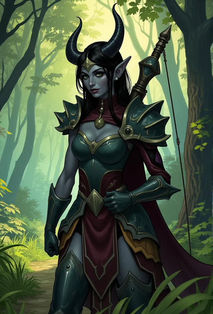 1female, slim, night elf huntress, tracking her prey, observing surrounding cautiously, in a forest, sunny day, (cartoony anime-...