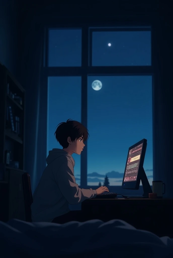  looking at the moon through the window、 dark room、pcで音楽を聴いている、 cool anime-style boy listening to music on PC 