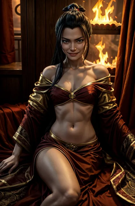 sensual azula from  avatar the legend of aang  wearing loose drapes, beautiful, epic,  cinematographic , hyper detailed,  gold f...