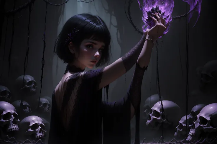 woman 30 years old, witchcraft, magician,magic clothes, where poison potions and vines abound, a woman (hutless), short black hair (black hair), (bangs), (purple eyes), looks at you amidst a pile of bones and skulls. Indifferent look , merciless. among the...