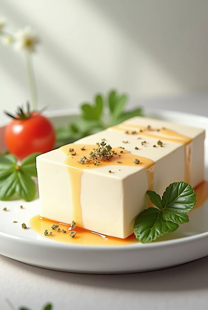 (photorealism:1.2),  plate of white tofu,((great work)),illustration,High Detail,  soft lighting , delicious , full of color,  aesthetic ,  studio lighting , train 