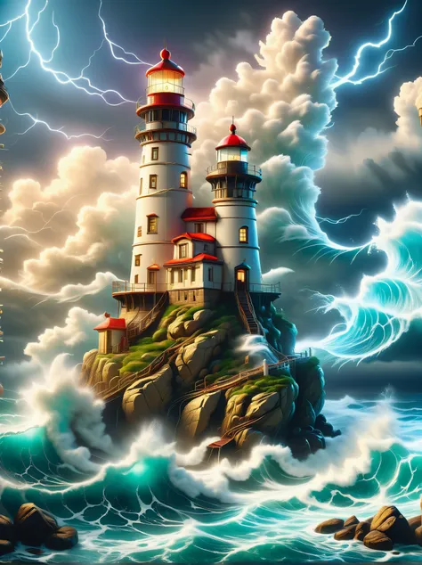 beautiful lighthouse made in persian architectural style， dark night ， strong wind ， rain storm ，raio，large waves，[cliff，( light...